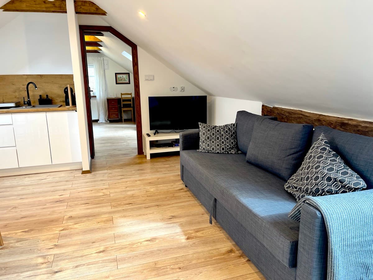 Strefa wypoczynkowa z sofą i TV